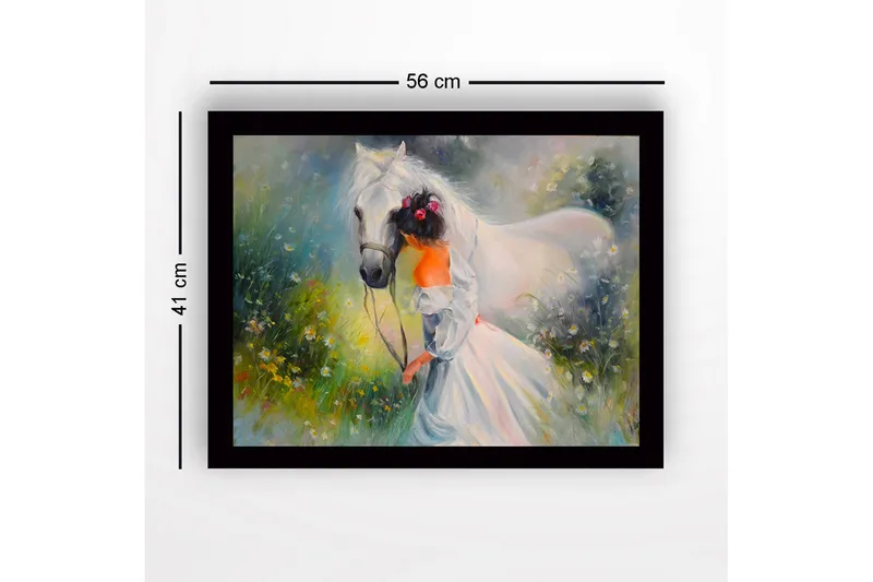 Inramad Canvastavla i trä - 41x56 cm - Flicka som leder en vit häst i en blomstrande äng - Vit / Grön / Orange - Inredning & dekor - Tavlor & konst