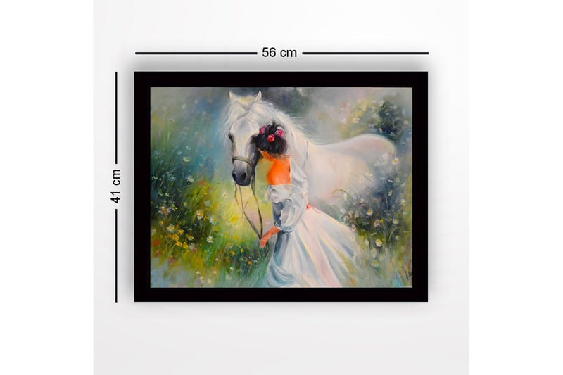 Inramad Canvastavla i trä - 41x56 cm - Flicka som leder en vit häst i en blomstrande äng - Vit / Grön / Orange - Inredning & dekor - Tavlor & konst