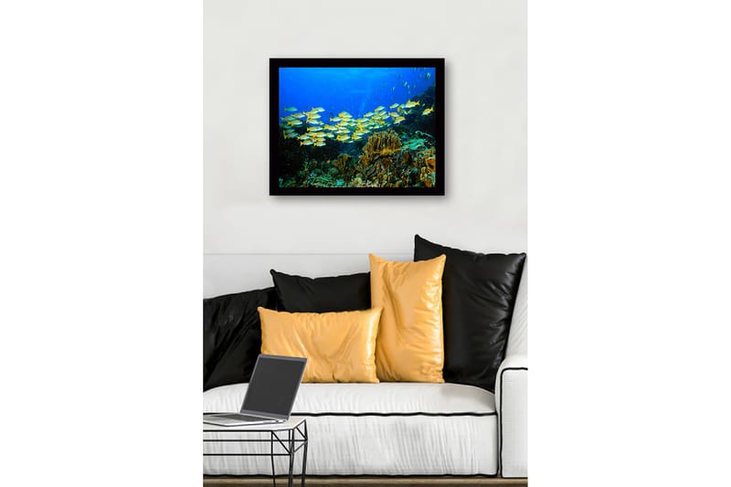 Inramad Canvastavla i trä - 41x56 cm - Flock av färgglada fiskar simmande i ett korallrev - Blå / Gul / Grön - Inredning & dekor - Tavlor & konst