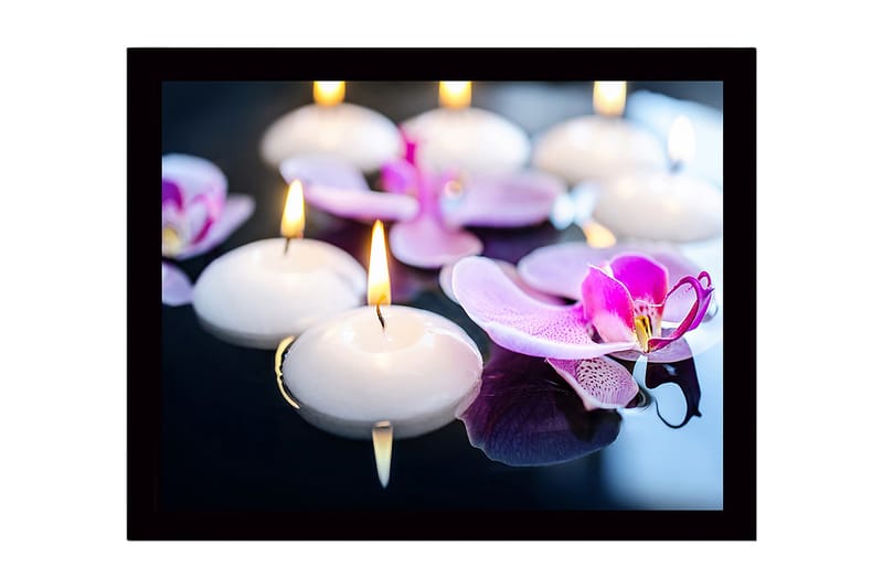 Inramad Canvastavla i trä - 41x56 cm - Flytande ljus och orkidéer i harmonisk samverkan, Vit / Lila