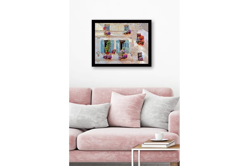 Inramad Canvastavla i trä - 41x56 cm - Fönster med blomsterarrangemang i livfulla färger - Lila / Röd / Gr ön - Inredning & dekor - Tavlor & konst