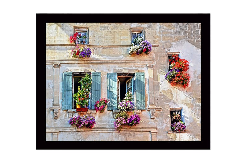 Inramad Canvastavla i trä - 41x56 cm - Fönster med blomsterarrangemang i livfulla färger - Lila / Röd / Grön - Inredning & dekor - Tavlor & konst