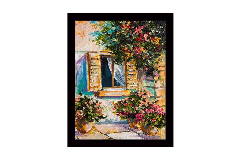 Inramad Canvastavla i trä - 41x56 cm - Fönster med blomsterkrukor i en solig miljö, Grön / Rosa / Gul