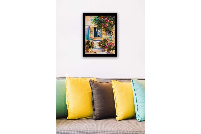 Inramad Canvastavla i trä - 41x56 cm - Fönster med blomsterkrukor i en solig miljö - Grön / Rosa / Gul - Inredning & dekor - Tavlor & konst