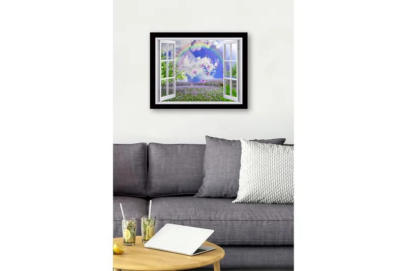Inramad Canvastavla i trä - 41x56 cm - Fönsterutsikt över en blomstrande äng med fjärilar och en regnbåge - Lila / Grön / Blå - Inredning & dekor - Tavlor & konst