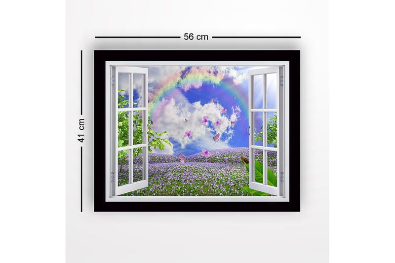 Inramad Canvastavla i trä - 41x56 cm - Fönsterutsikt över en blomstrande äng med fjärilar och en regnbåge - Lila / Grön / Blå - Inredning & dekor - Tavlor & konst