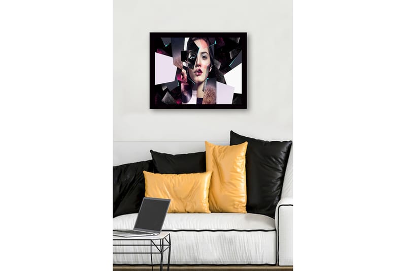 Inramad Canvastavla i trä - 41x56 cm - Fragmenterad porträtt av en kvinna med geometriska former - Svart / Rosa / Ljusblå - Inredning & dekor - Tavlor & konst