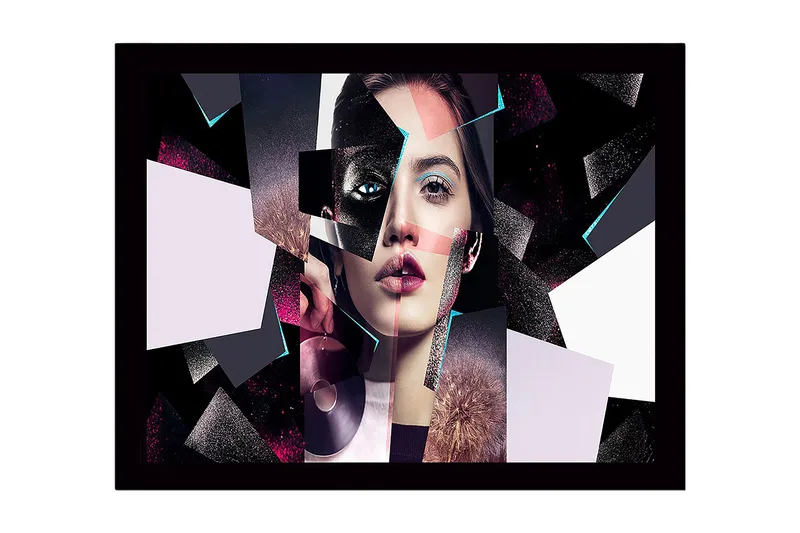 Inramad Canvastavla i trä - 41x56 cm - Fragmenterad porträtt av en kvinna med geometriska former, Svart / Rosa / Ljusblå