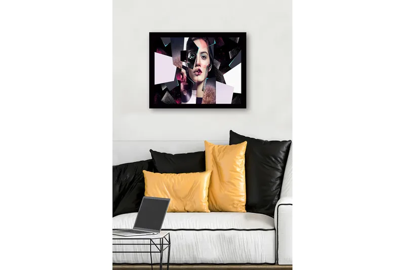 Inramad Canvastavla i trä - 41x56 cm - Fragmenterad porträtt av en kvinna med geometriska former - Svart / Rosa / Ljusblå - Inredning & dekor - Tavlor & konst