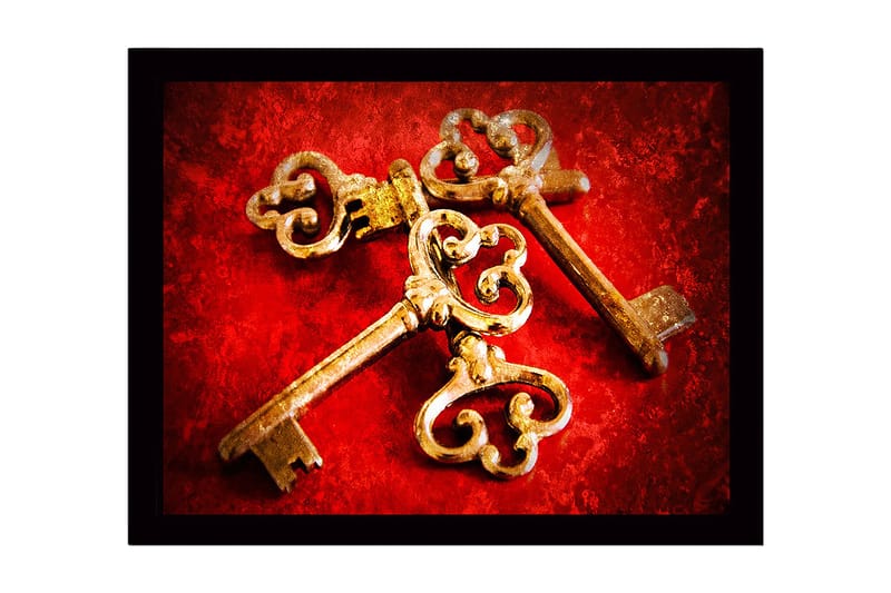 Inramad Canvastavla i trä - 41x56 cm - Gamla nycklar med intrikata mönster på en röd bakgrund - Röd / Guld - Inredning & dekor - Tavlor & konst