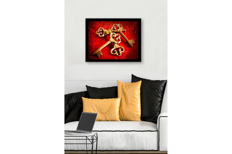 Inramad Canvastavla i trä - 41x56 cm - Gamla nycklar med intrikata mönster på en röd bakgrund - Röd / Guld - Inredning & dekor - Tavlor & konst