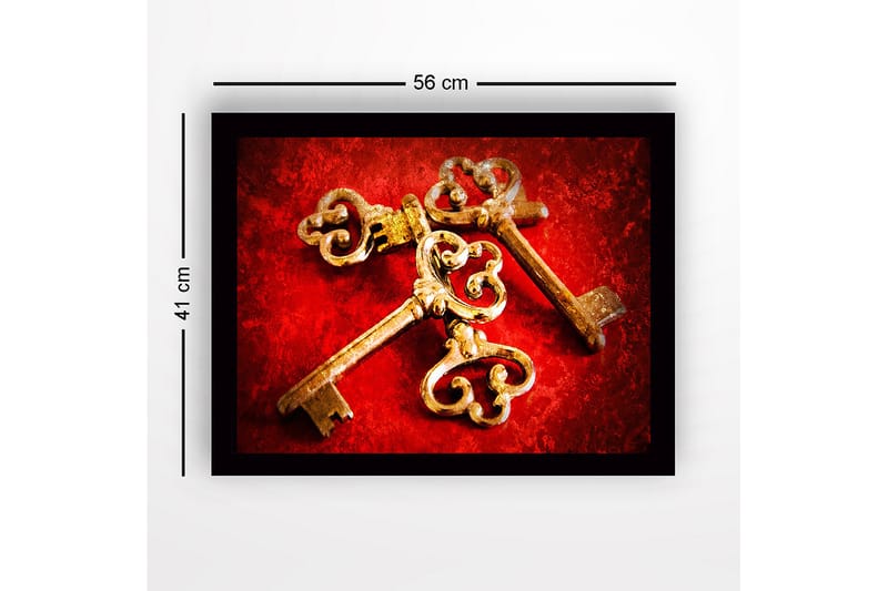 Inramad Canvastavla i trä - 41x56 cm - Gamla nycklar med intrikata mönster på en röd bakgrund - Röd / Guld - Inredning & dekor - Tavlor & konst