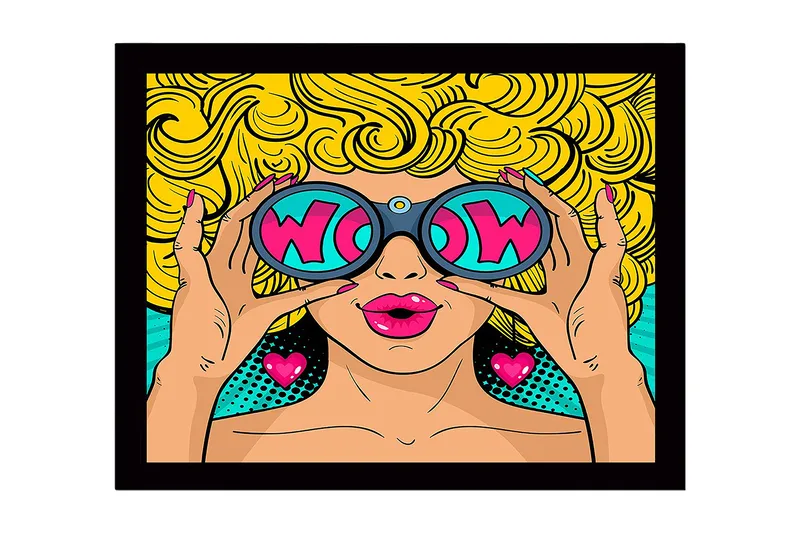 Inramad Canvastavla i trä - 41x56 cm - Glamourös kvinna med stora solglasögon och lockigt blont hår, Gul / Rosa / Turkos