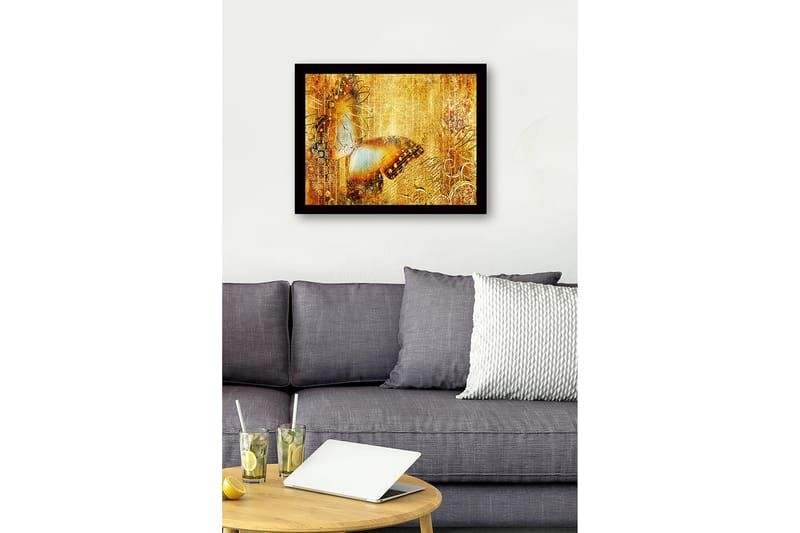 Inramad Canvastavla i trä - 41x56 cm - Glittrande fjäril i gyllene omgivning - Guld / Brunt / Blått - Inredning & dekor - Tavlor & konst