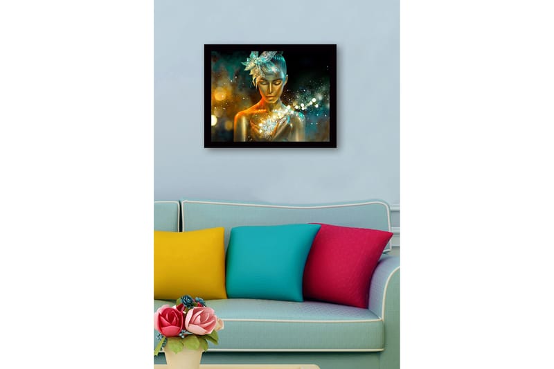 Inramad Canvastavla i trä - 41x56 cm - Glittrande kvinna med gyllene hud och en blomma i håret - Guld / Turkos / Orange - Inredning & dekor - Tavlor & konst