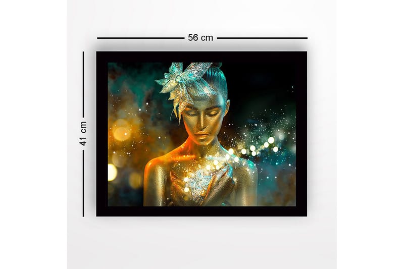 Inramad Canvastavla i trä - 41x56 cm - Glittrande kvinna med gyllene hud och en blomma i håret - Guld / Turkos / Orange - Inredning & dekor - Tavlor & konst