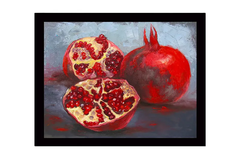 Inramad Canvastavla i trä - 41x56 cm - Granatäpplen i en stillsam komposition, Röd / Beige / Grå