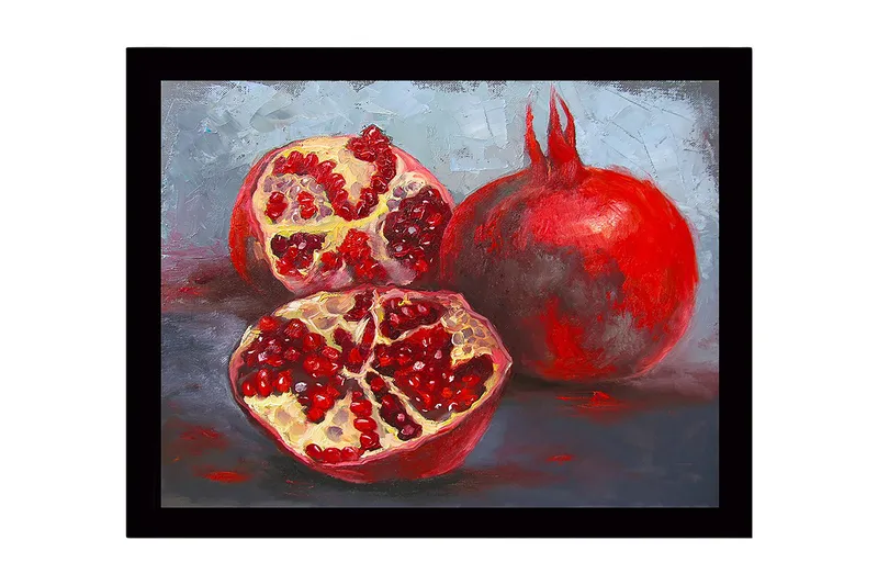 Inramad Canvastavla i trä - 41x56 cm - Granatäpplen i en stillsam komposition, Röd / Beige / Grå