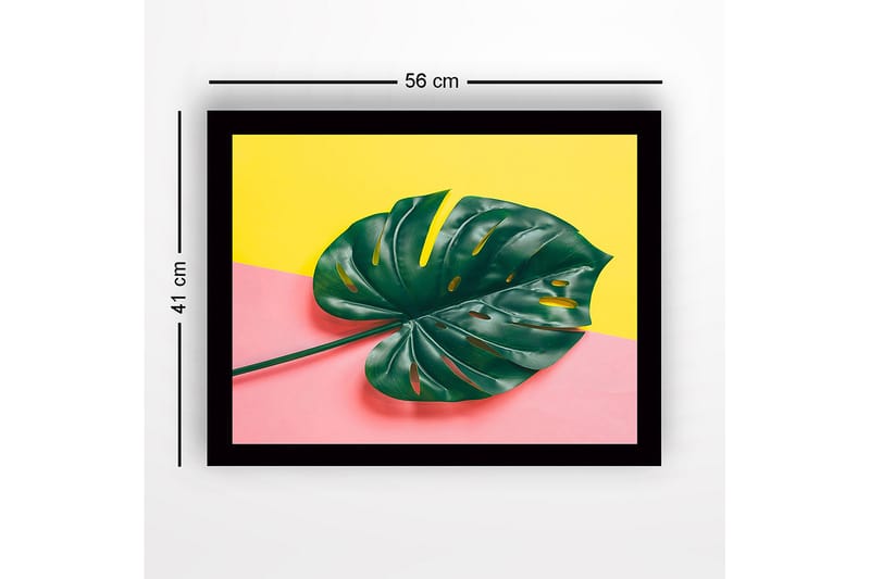 Inramad Canvastavla i trä - 41x56 cm - Grön monstera-blad mot en färgglad bakgrund - Grön / Gul / Rosa - Inredning & dekor - Tavlor & konst