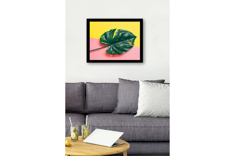 Inramad Canvastavla i trä - 41x56 cm - Grön monstera-blad mot en färgglad bakgrund - Grön / Gul / Rosa - Inredning & dekor - Tavlor & konst