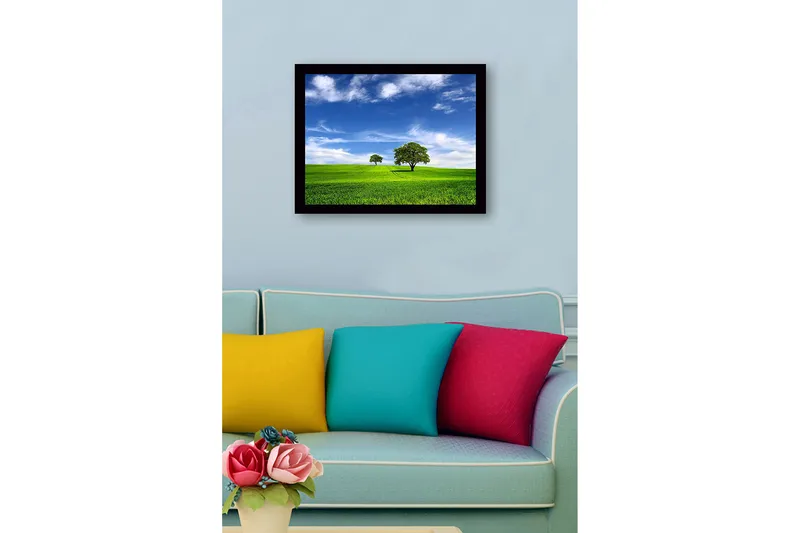 Inramad Canvastavla i trä - 41x56 cm - Grönskande landskap med två träd under en blå himmel - Grön / Blå - Inredning & dekor - Tavlor & konst