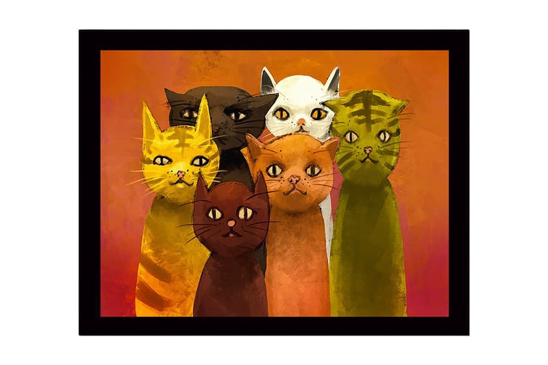 Inramad Canvastavla i trä - 41x56 cm - Grupp av färgglada katter med olika uttryck - Gul / Grön / Orange - Inredning & dekor - Tavlor & konst