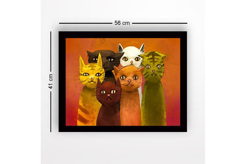 Inramad Canvastavla i trä - 41x56 cm - Grupp av färgglada katter med olika uttryck - Gul / Grön / Orange - Inredning & dekor - Tavlor & konst