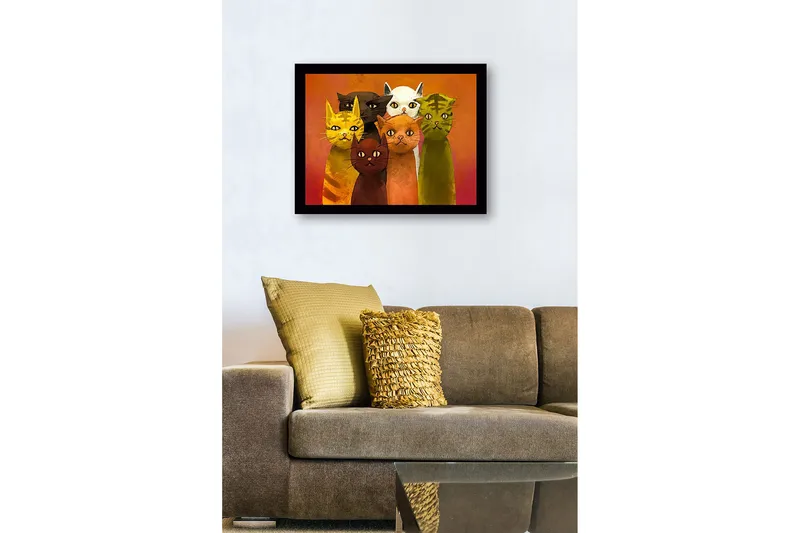 Inramad Canvastavla i trä - 41x56 cm - Grupp av färgglada katter med olika uttryck - Gul / Grön / Orange - Inredning & dekor - Tavlor & konst