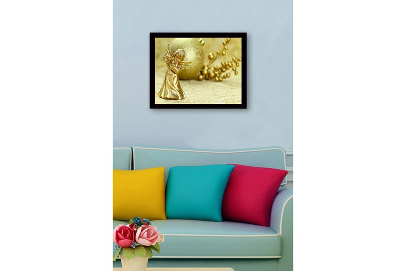 Inramad Canvastavla i trä - 41x56 cm - Guldängel som spelar på en flöjt - Guld / Beige - Inredning & dekor - Tavlor & konst