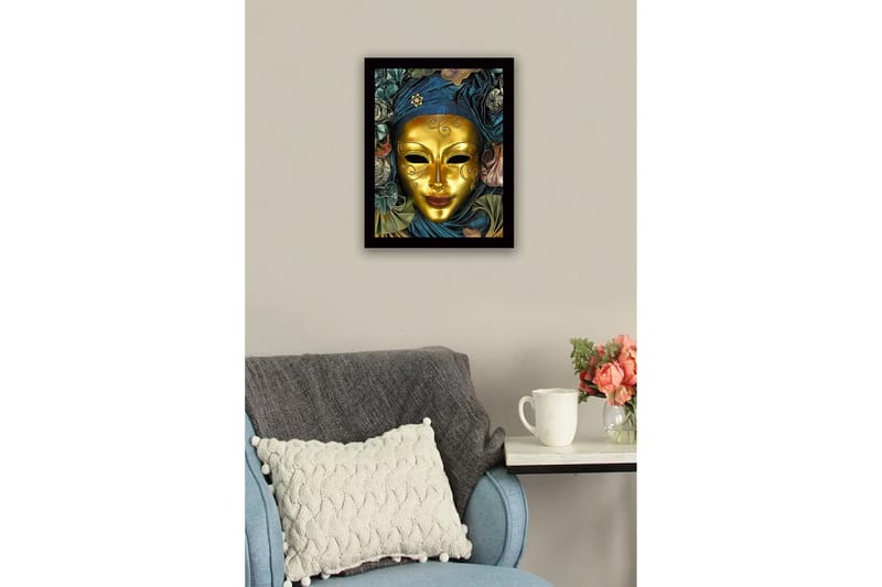Inramad Canvastavla i trä - 41x56 cm - Guldmask med detaljerad dekoration och draperad klädnad i blått och grönt - Guld / Mörkblå / Grön - Inredning & dekor - Tavlor & konst