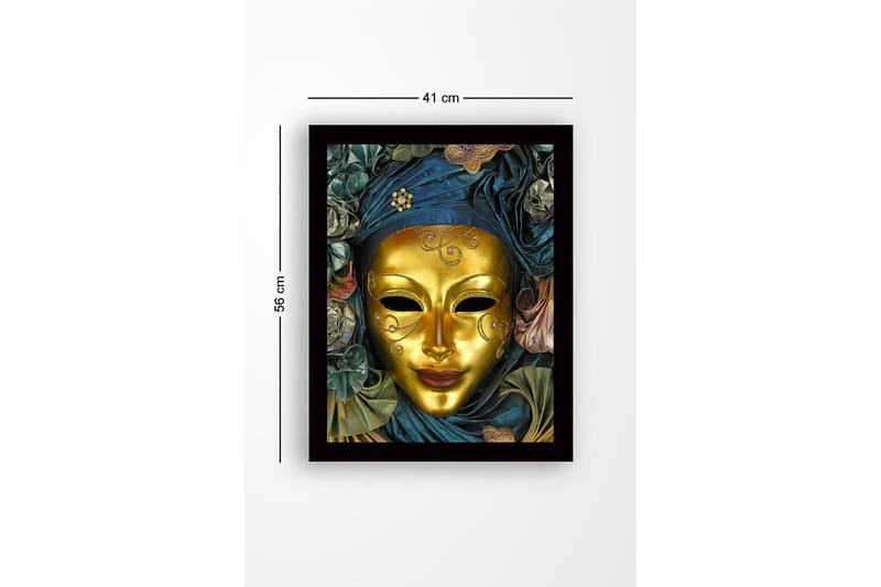 Inramad Canvastavla i trä - 41x56 cm - Guldmask med detaljerad dekoration och draperad klädnad i blått och grönt - Guld / Mörkblå / Grön - Inredning & dekor - Tavlor & konst
