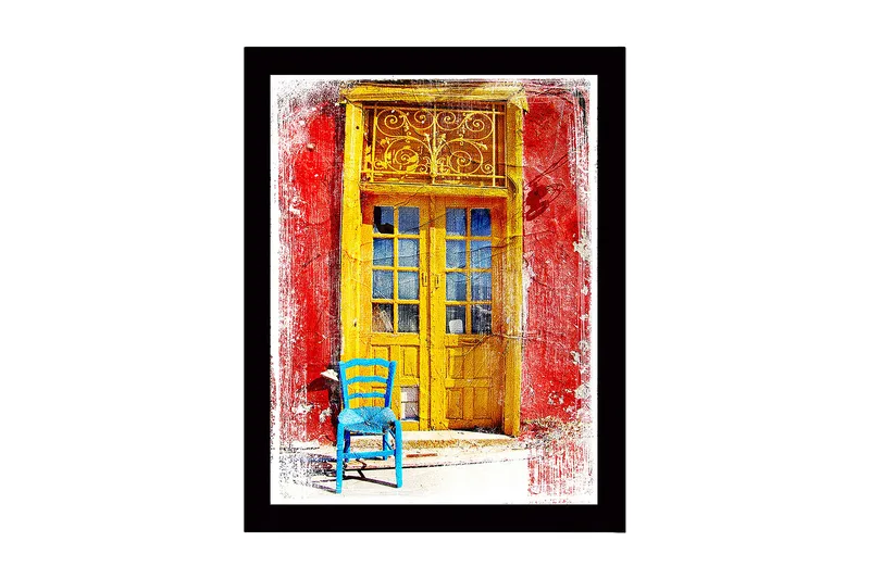 Inramad Canvastavla i trä - 41x56 cm - Gyllene dörr med en blå stol framför på en röd vägg, Gult / Blått / Rött