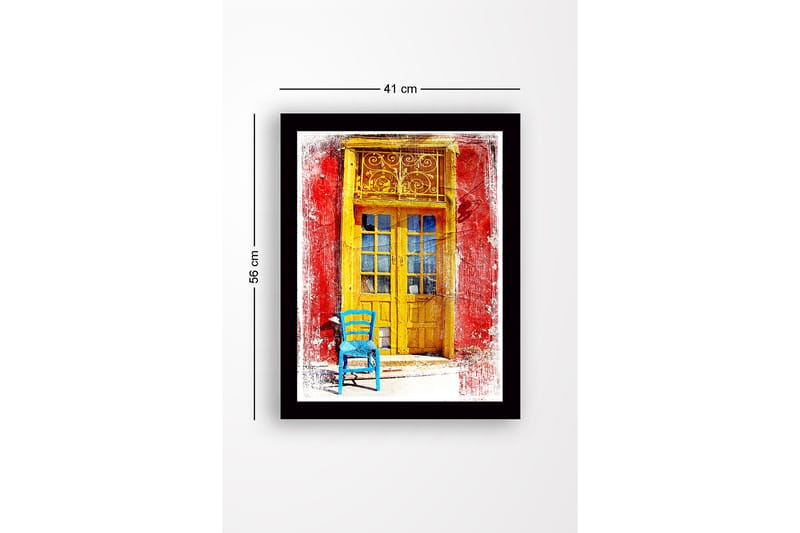 Inramad Canvastavla i trä - 41x56 cm - Gyllene dörr med en blå stol framför på en röd vägg - Gult / Blått / Rött - Inredning & dekor - Tavlor & konst