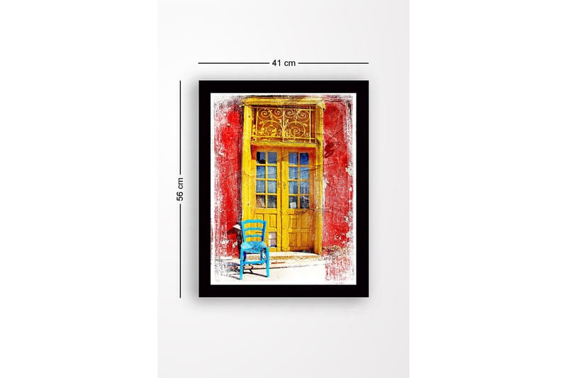 Inramad Canvastavla i trä - 41x56 cm - Gyllene dörr med en blå stol framför på en röd vägg - Gult / Blått / Rött - Inredning & dekor - Tavlor & konst