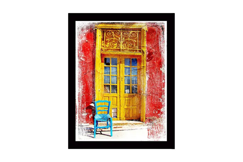 Inramad Canvastavla i tr ä - 41x56 cm - Gyllene dörr med en blå stol framför på en röd vägg, Gult / Blått / Rött