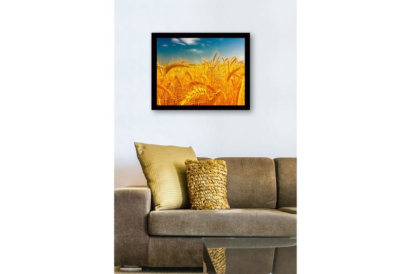 Inramad Canvastavla i trä - 41x56 cm - Gyllene vetefält under en klar himmel - Guld / Blå / Grön - Inredning & dekor - Tavlor & konst