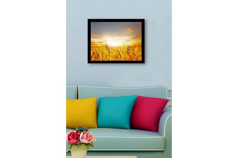 Inramad Canvastavla i trä - 41x56 cm - Gyllene vetefält under en soluppgång - Guld / Orange / Ljusblå - Inredning & dekor - Tavlor & konst