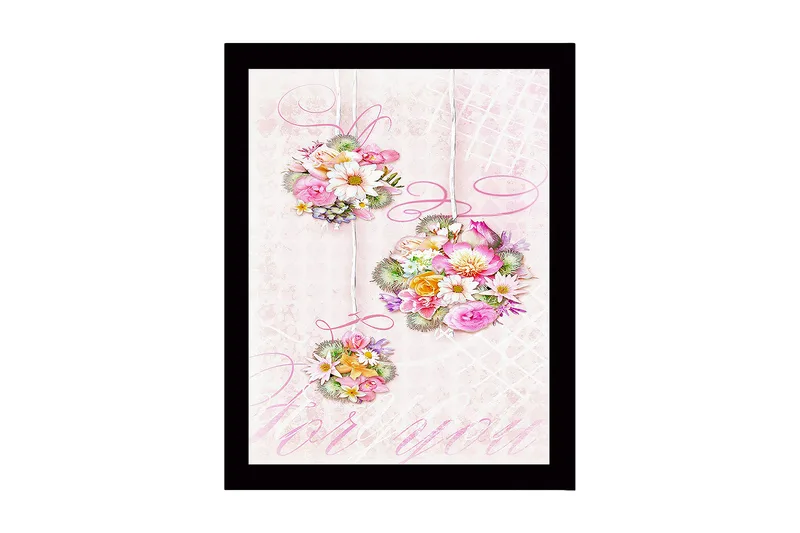 Inramad Canvastavla i trä - 41x56 cm - Hängande buketter av blommor i pastellfärger, Rosa / Grön / Gul