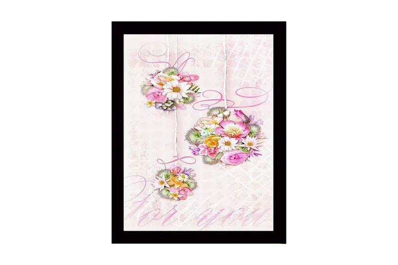 Inramad Canvastavla i trä - 41x56 cm - Hängande buketter av blommor i pastellfärger, Rosa / Grön / Gul