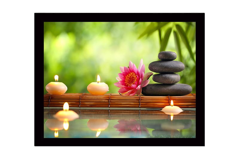 Inramad Canvastavla i trä - 41x56 cm - Harmonisk komposition med stenar, ljus och en lotusblomma - Rosa / Svart / Beige - Inredning & dekor - Tavlor & konst