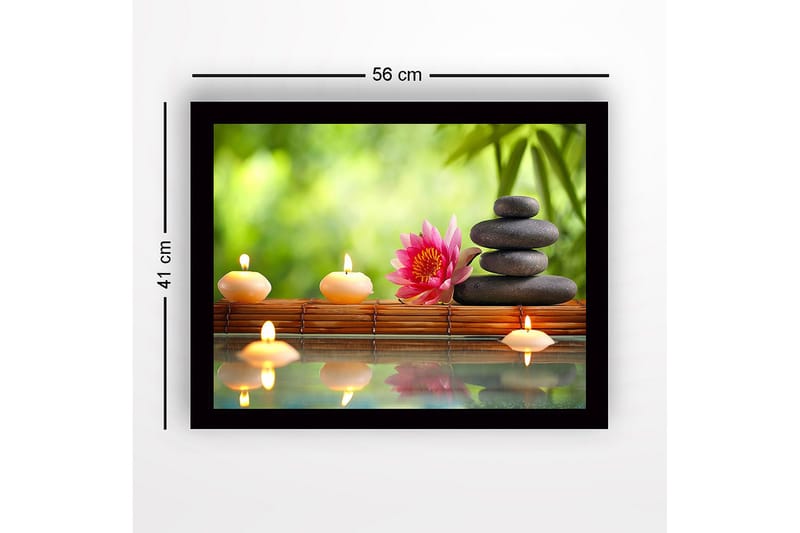 Inramad Canvastavla i trä - 41x56 cm - Harmonisk komposition med stenar, ljus och en lotusblomma - Rosa / Svart / Beige - Inredning & dekor - Tavlor & konst