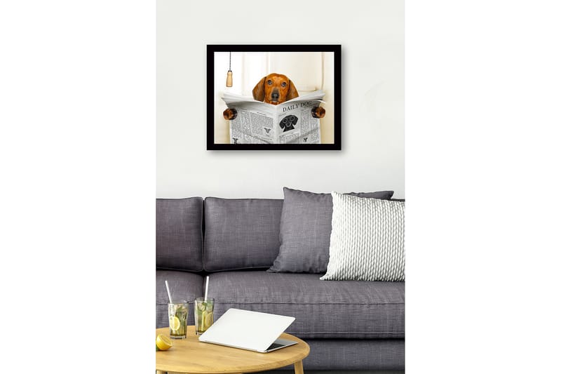 Inramad Canvastavla i trä - 41x56 cm - Hund som läser tidningen DAILY DOG - Brun / Svart / Vit - Inredning & dekor - Tavlor & konst