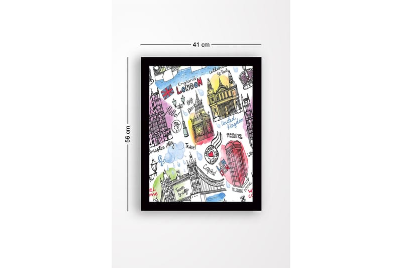 Inramad Canvastavla i trä - 41x56 cm - Illustrerad karta över London med kända landmärken och symboler - Röd / Blå / Lila - Inredning & dekor - Tavlor & konst
