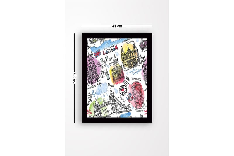 Inramad Canvastavla i trä - 41x56 cm - Illustrerad karta över London med kända landmärken och symboler - Röd / Blå / Lila - Inredning & dekor - Tavlor & konst