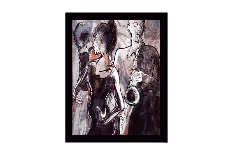 Inramad Canvastavla i trä - 41x56 cm - Jazzmusiker som spelar saxofon med dansande silhuetter i bakgrunden, Mörkröd / Grå / Svart