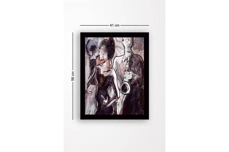 Inramad Canvastavla i trä - 41x56 cm - Jazzmusiker som spelar saxofon med dansande silhuetter i bakgrunden - Mörkröd / Grå / Svart - Inredning & dekor - Tavlor & konst