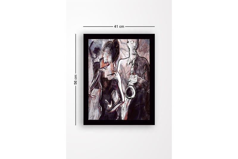 Inramad Canvastavla i trä - 41x56 cm - Jazzmusiker som spelar saxofon med dansande silhuetter i bakgrunden - Mörkröd / Grå / Svart - Inredning & dekor - Tavlor & konst