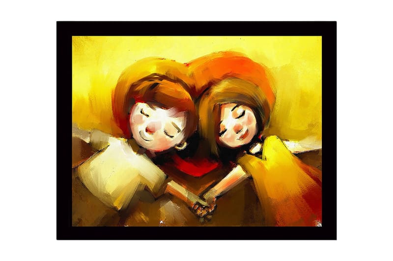 Inramad Canvastavla i trä - 41x56 cm - Kärleksfullt par som håller varandras händer under ett hjärtformat motiv - Gult / Orange / Brunt - Inredning & dekor - Tavlor & konst