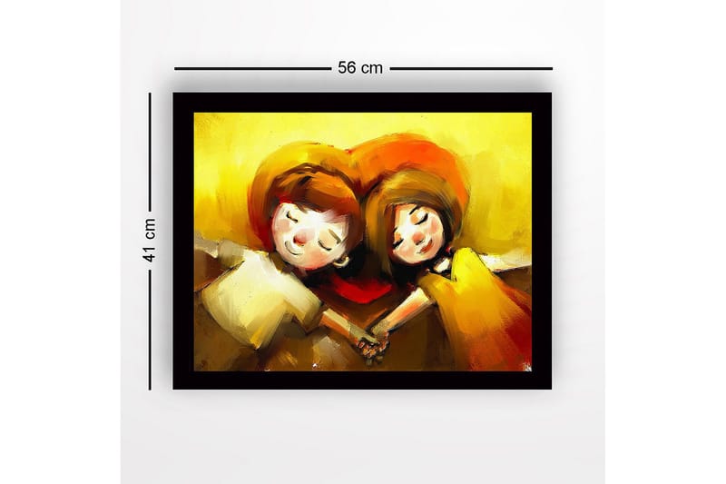 Inramad Canvastavla i trä - 41x56 cm - Kärleksfullt par som håller varandras händer under ett hjärtformat motiv - Gult / Orange / Brunt - Inredning & dekor - Tavlor & konst
