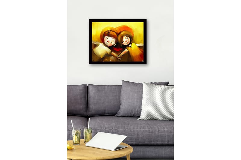 Inramad Canvastavla i trä - 41x56 cm - Kärleksfullt par som håller varandras händer under ett hjärtformat motiv - Gult / Orange / Brunt - Inredning & dekor - Tavlor & konst